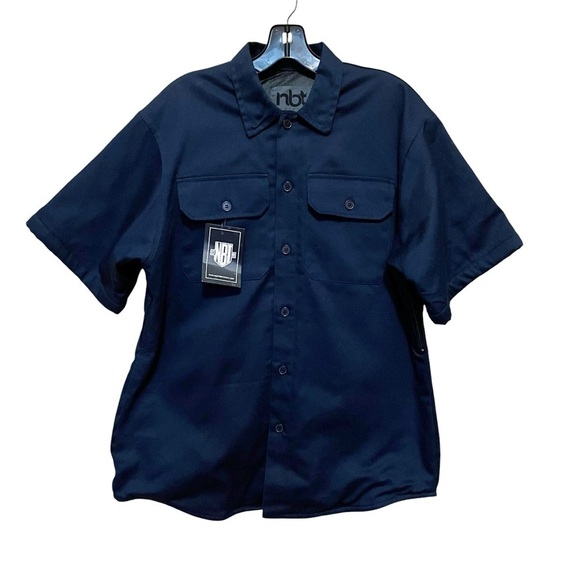 NBT Men’s XL NWT Navy Blue Short Sleeve Motorcycle Fundamental Shop Shirt - Picture 2 of 9